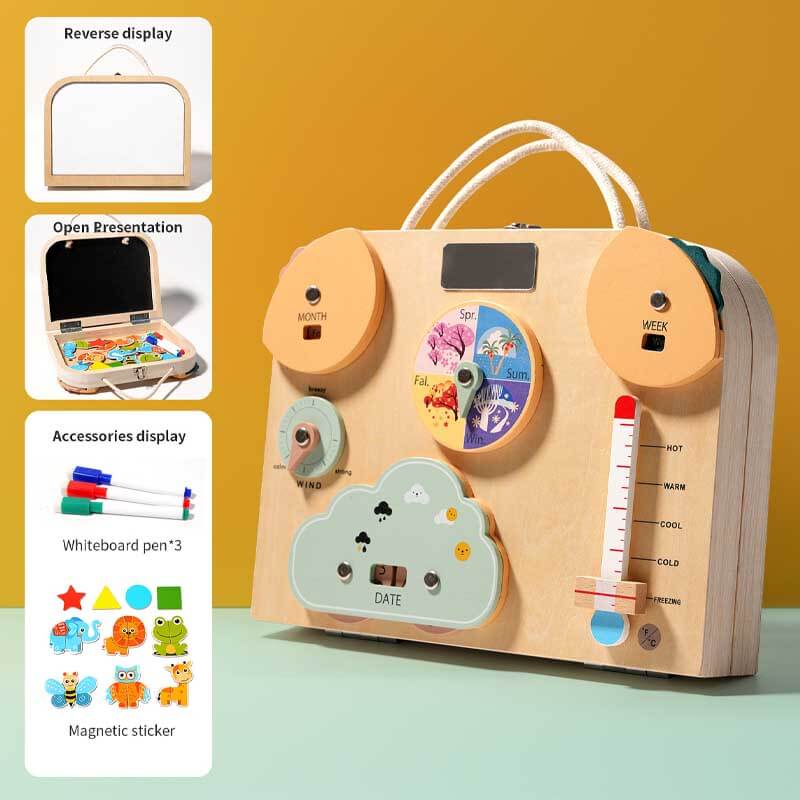 Colorful activity busy board for kids, promoting life skills like buttoning and tying, a great educational toy.
