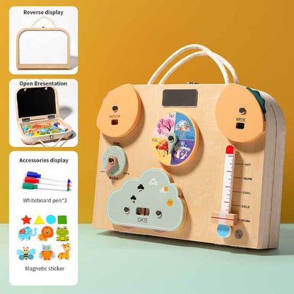 Colorful activity busy board for kids, promoting life skills like buttoning and tying, a great educational toy.