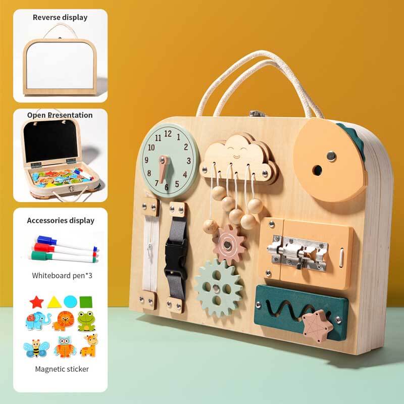 Wooden Montessori busy board, an engaging educational toy designed for young children to practice daily life skills.