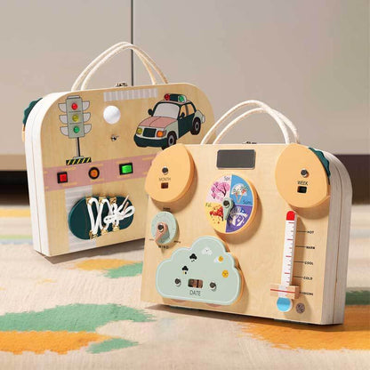 Kids' activity busy board featuring latches, gears, and switches, enhancing hand-eye coordination for toddlers.
