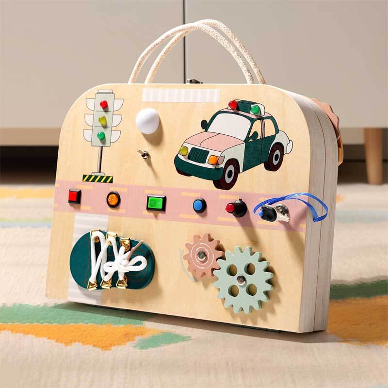 Handcrafted wooden busy board, ideal Montessori gift for kids to improve dexterity and practical life abilities.