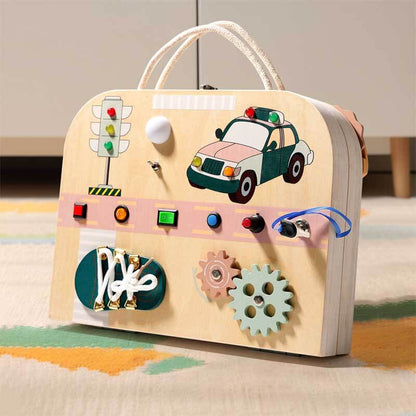 Handcrafted wooden busy board, ideal Montessori gift for kids to improve dexterity and practical life abilities.