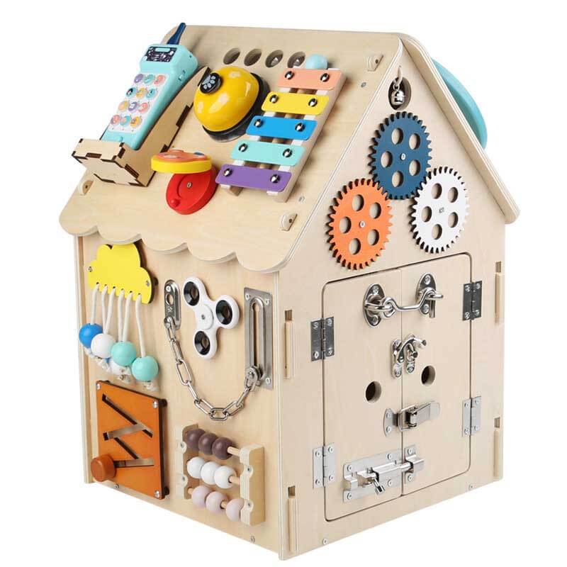 Wooden sensory busy house for toddlers, an engaging educational toy and Montessori learning aid.