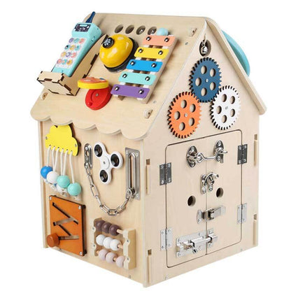 Wooden sensory busy house for toddlers, an engaging educational toy and Montessori learning aid.