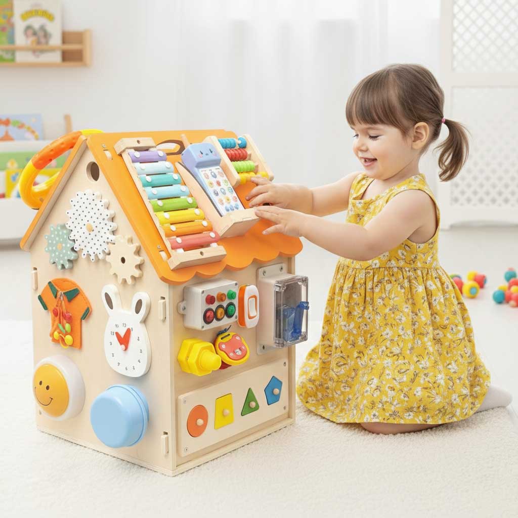 Child exploring different textures on a wooden Montessori busy house, a key sensory toy.