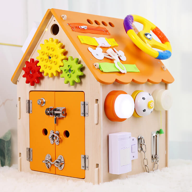 Wooden busy house toy for toddlers, promoting early learning and fine motor skill enhancement.