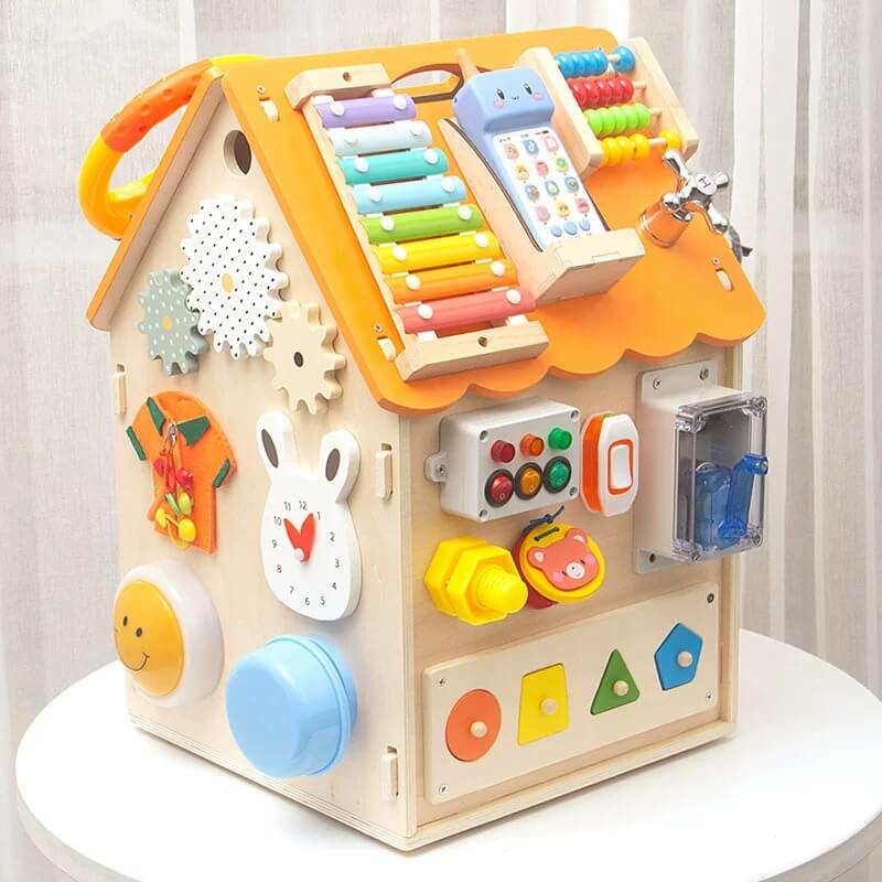 Montessori-inspired wooden busy house, an educational toy for preschool and early childhood.