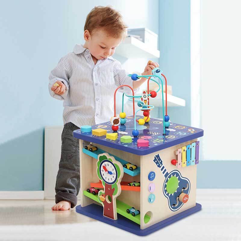 Full view of a Montessori wooden sensory busy house, an ideal gift for educational playtime.