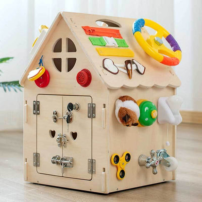 Wooden Montessori sensory busy house for preschool learning, enhancing cognitive and motor development.