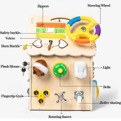 Montessori wooden busy house with colorful shapes and buttons, an educational toy for young children.