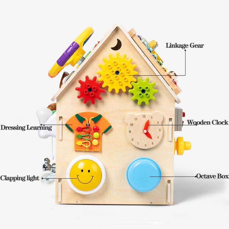 Toddler playing with a wooden Montessori busy house, a gift for learning fine motor skills.