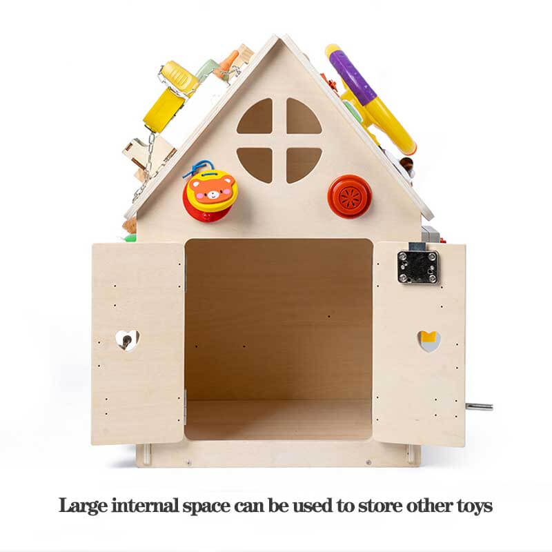 Educational wooden busy house toy, perfect for Montessori-inspired sensory play in toddlers.