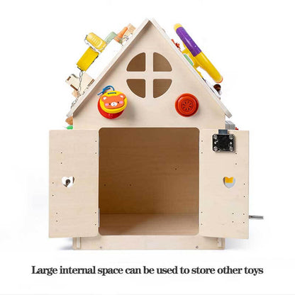Educational wooden busy house toy, perfect for Montessori-inspired sensory play in toddlers.