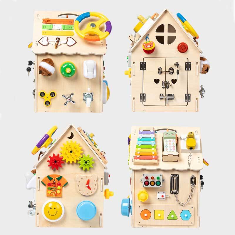 Front view of a wooden busy house toy, highlighting its intricate design and learning elements.