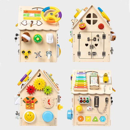 Front view of a wooden busy house toy, highlighting its intricate design and learning elements.