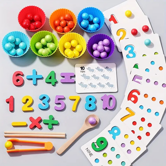 Toddler counting & sorting game, a Montessori-inspired wooden toy for developing fine motor skills & number recognition.
