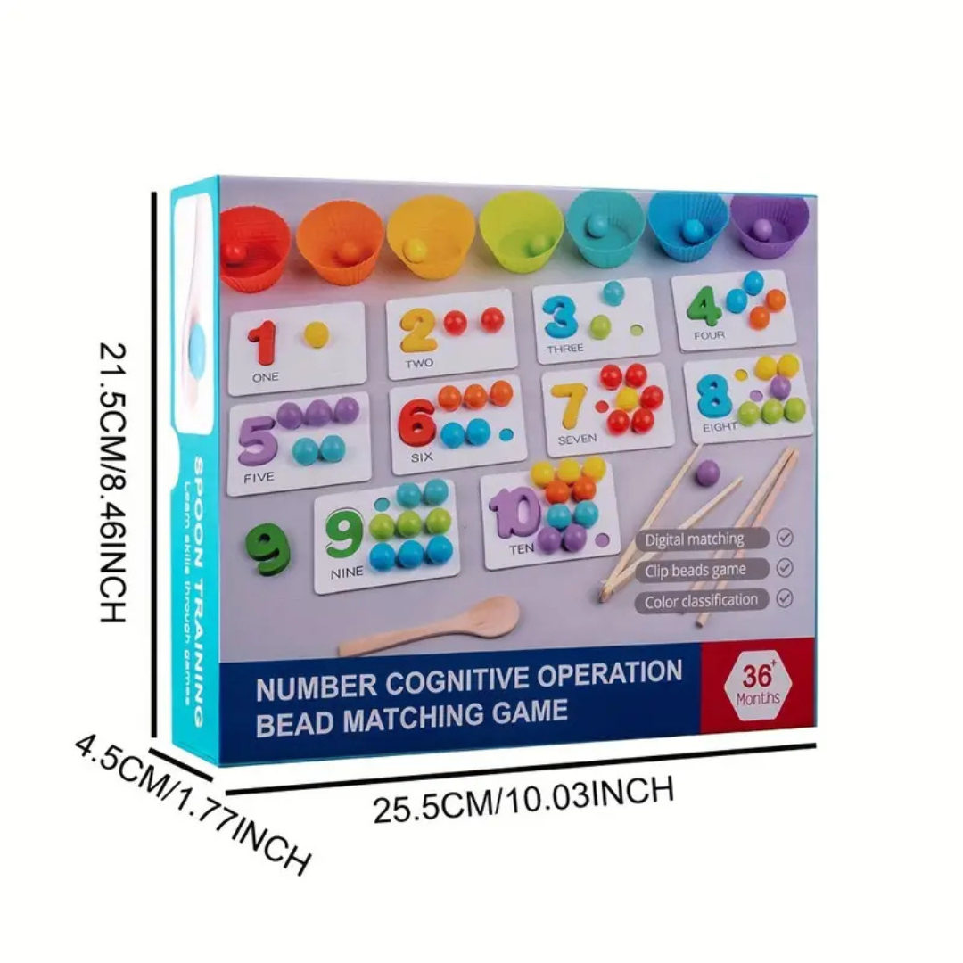 Wooden Montessori counting & sorting puzzle game, ideal for preschoolers to learn numbers and colors.