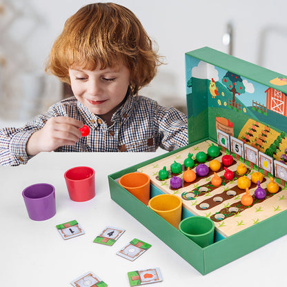Preschool activity: Montessori farm-themed wooden counting game for children, encourages early math skills