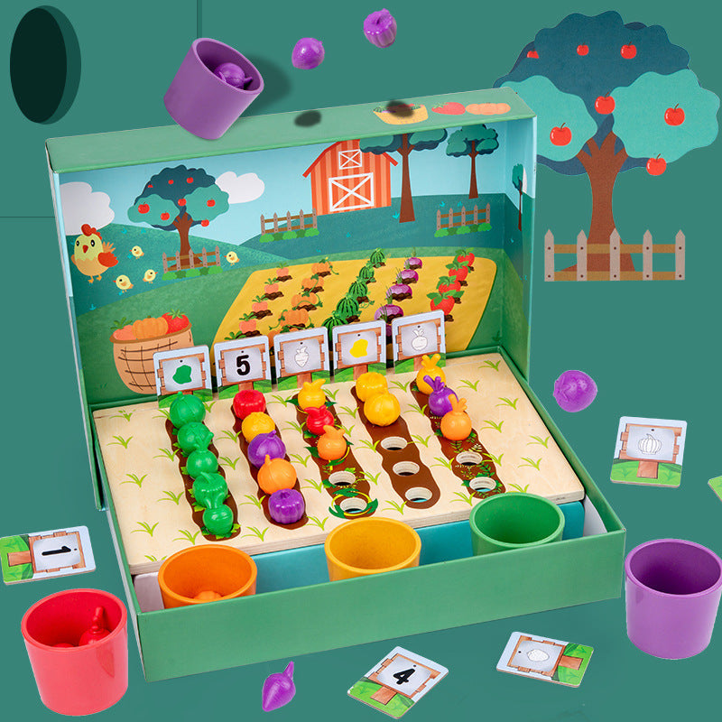 Close-up of a child's hand engaging with Montessori counting farm game, learning colors and numbers with wooden pieces
