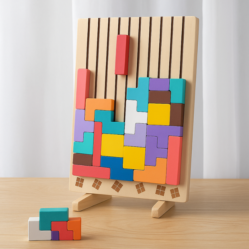 Montessori wooden geometric stacking puzzle toy for toddlers, colorful shapes for fine motor skill development.