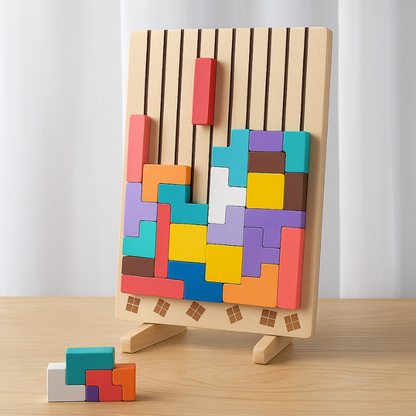 Montessori wooden geometric stacking puzzle toy for toddlers, colorful shapes for fine motor skill development.