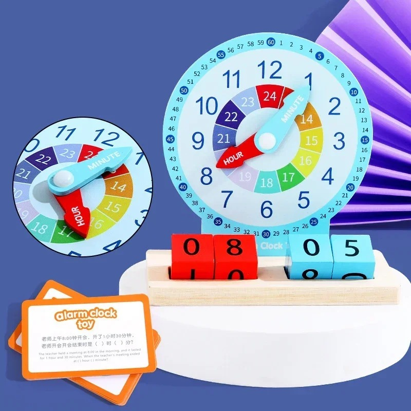 Montessori wooden learning clock toy for kids, teaching time telling and math skills to preschoolers