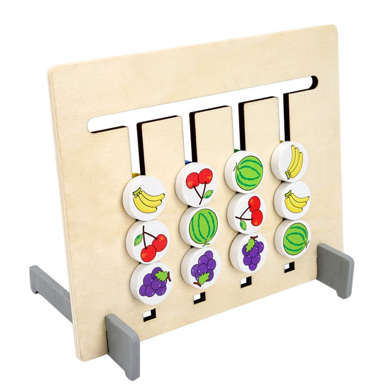 Close-up of a Montessori wooden logical reasoning puzzle with colorful fruit shapes for sorting