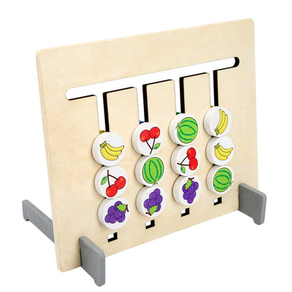 Close-up of a Montessori wooden logical reasoning puzzle with colorful fruit shapes for sorting