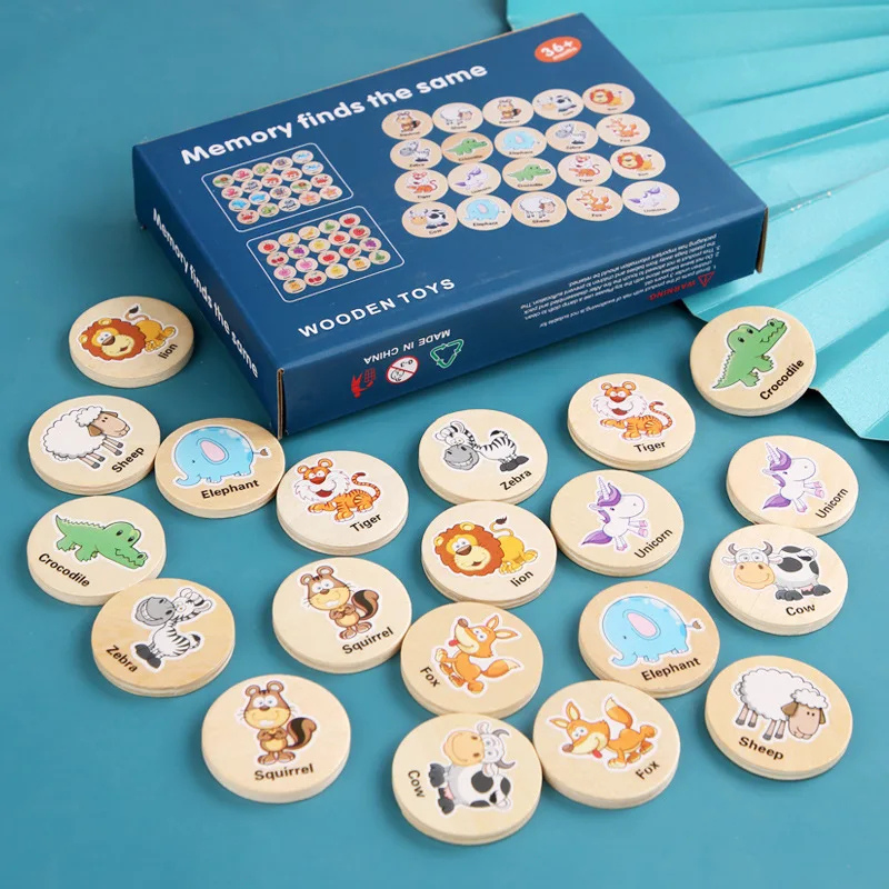 Montessori wooden memory matching puzzle game for kids, featuring colorful animal patterns, educational preschool toy