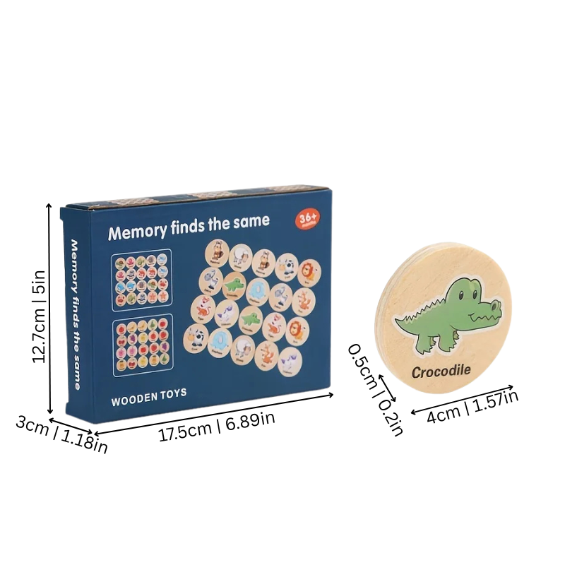 Close-up of a kids' learning memory game with wooden animal pattern tiles, designed for Montessori educational play