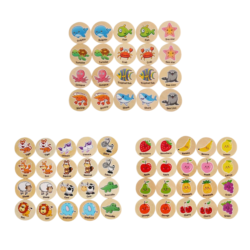 Preschool kids playing with a wooden Montessori memory matching puzzle, featuring vibrant animal designs, learning toy