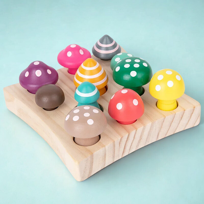 Montessori wooden mushroom sorting toy for kids with colorful, numbered mushrooms for preschool learning and counting fun
