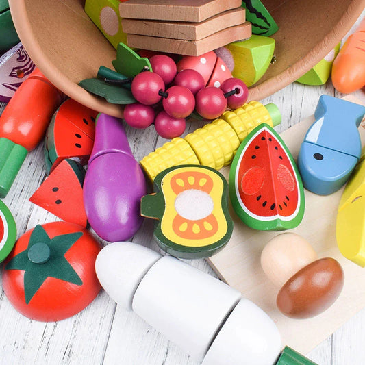 Montessori wooden play food set with colorful fruit toys for toddlers and kids, promoting early learning