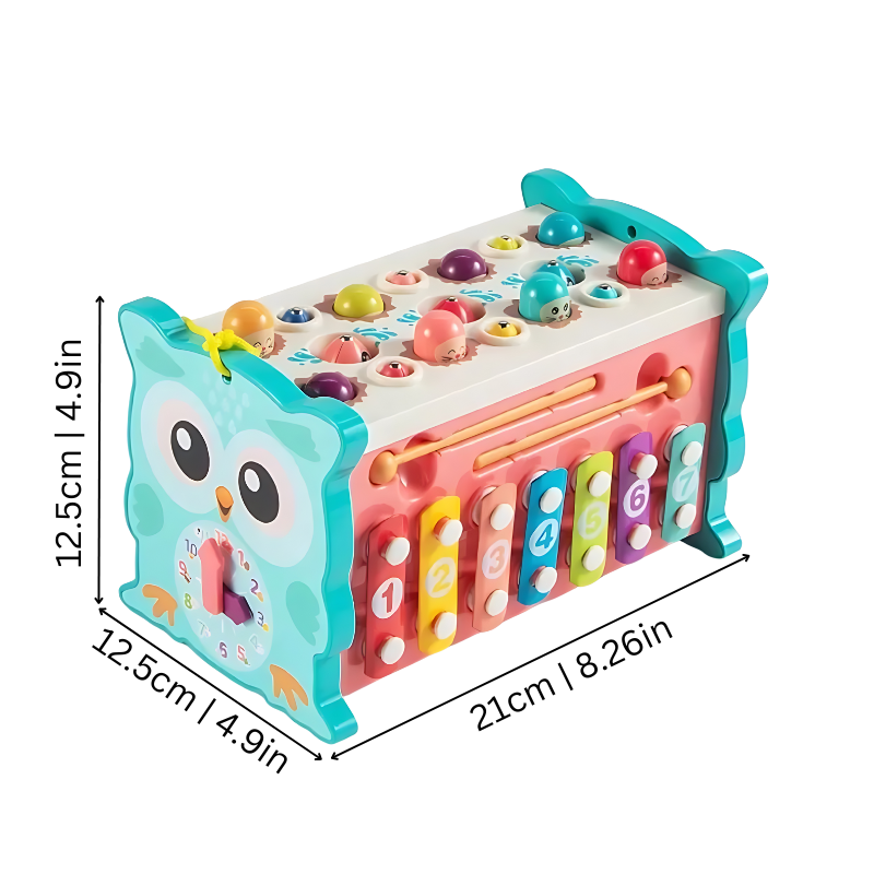 Educational activity cube for toddlers, featuring pounding, sorting, and shape-matching elements