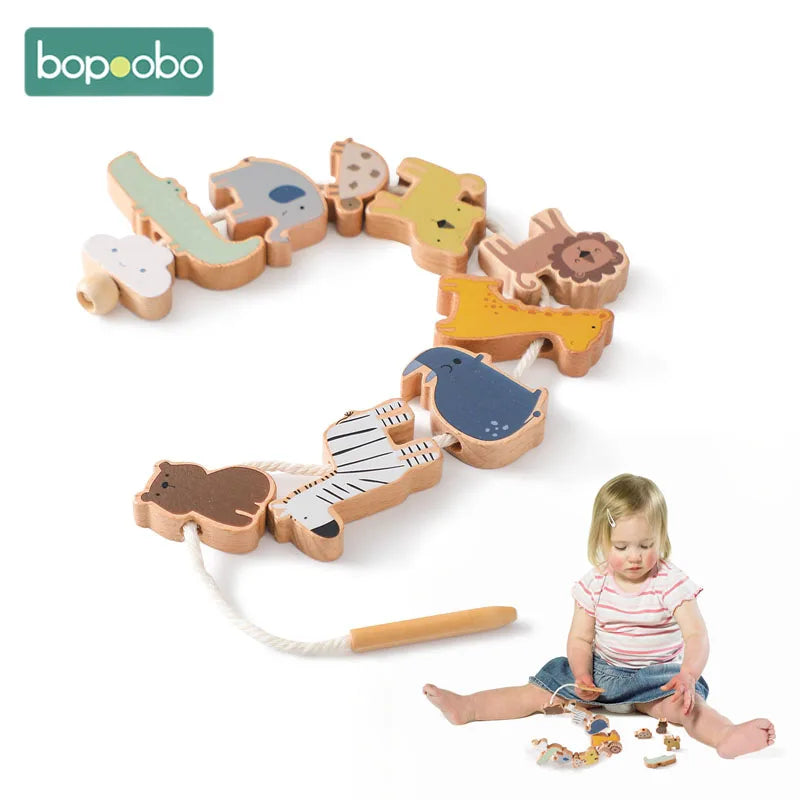 Toddler gift: Montessori wooden balancing game with threading animals, educational and engaging