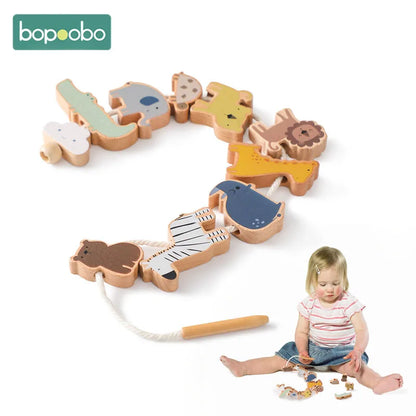 Toddler gift: Montessori wooden balancing game with threading animals, educational and engaging