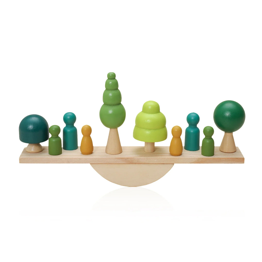 Montessori wooden toy set with diverse animal blocks for balancing and threading activities