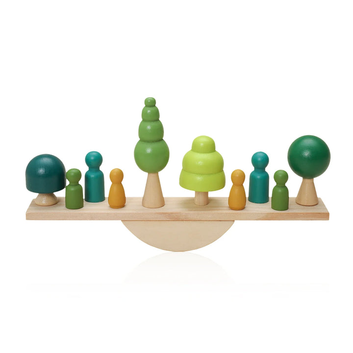 Montessori wooden toy set with diverse animal blocks for balancing and threading activities