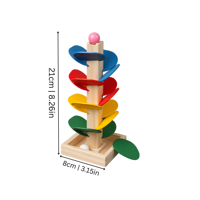 Toddler playing with Montessori wooden sound tree, a colorful educational toy for creative concentration