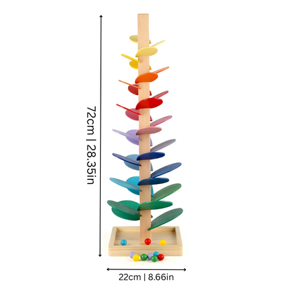 Close-up of a Montessori sound tree, a durable wooden toy designed for sensory and fine motor skill development