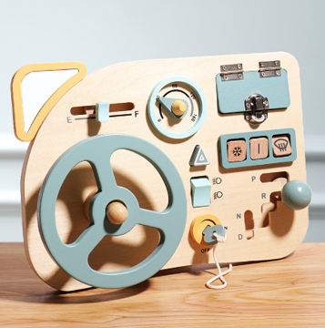 Montessori wooden steering wheel toy for kids, detailed view, promoting fine motor skills & creative play