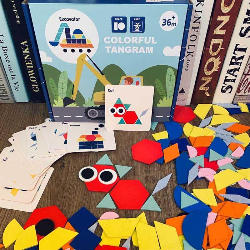 Montessori wooden tangram puzzle for kids with colorful geometry blocks, educational toy for shape recognition