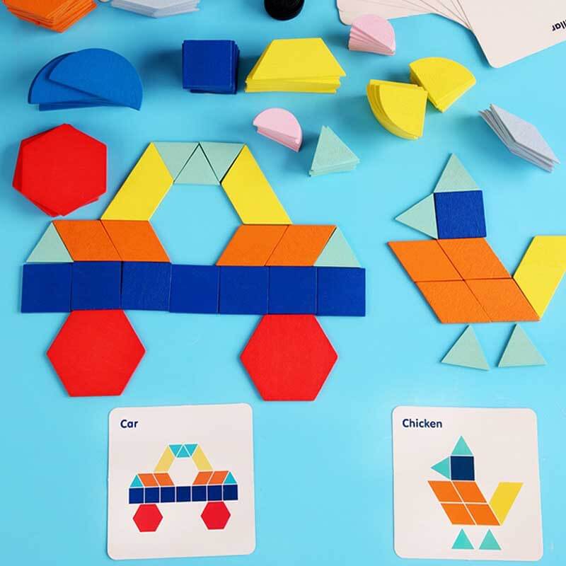 Close-up of kids' wooden tangram geometry blocks, a Montessori puzzle for preschool learning and color sorting