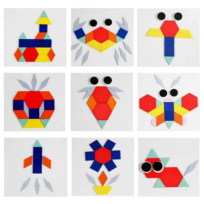 Top-down view of a wooden tangram geometry puzzle with various shapes, a fun educational game for young children