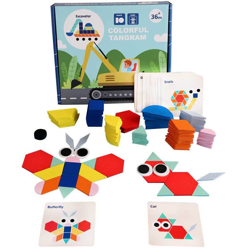 Kids' wooden tangram puzzle blocks demonstrating different geometric shapes, a Montessori preschool learning toy
