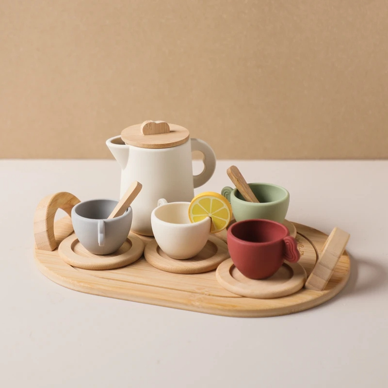 Montessori wooden tea set for kids, includes teapot, cups, and saucers for pretend play