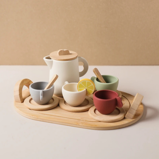 Montessori wooden tea set for kids, includes teapot, cups, and saucers for pretend play