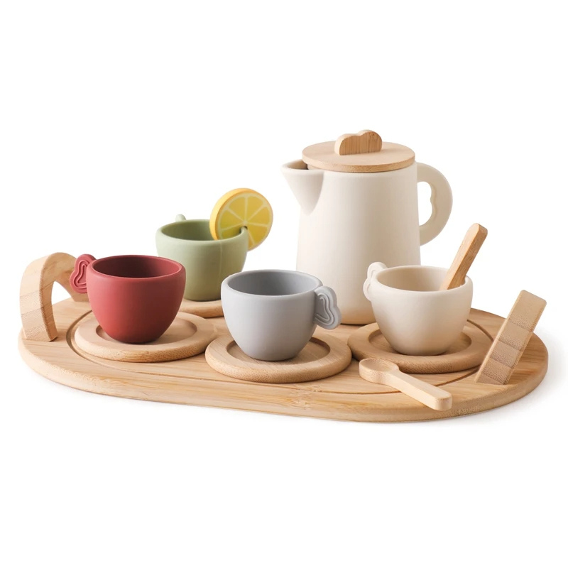 Kids wooden tea set with colorful cups and teapot, ideal for imaginative pretend play