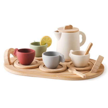 Kids wooden tea set with colorful cups and teapot, ideal for imaginative pretend play