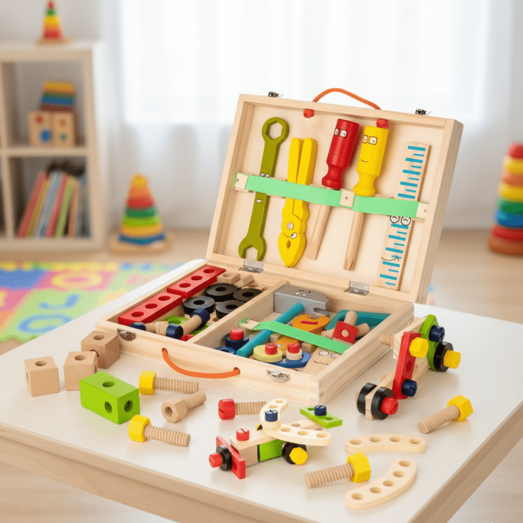 Montessori wooden tool case for kids, developing early construction & fine motor skills.